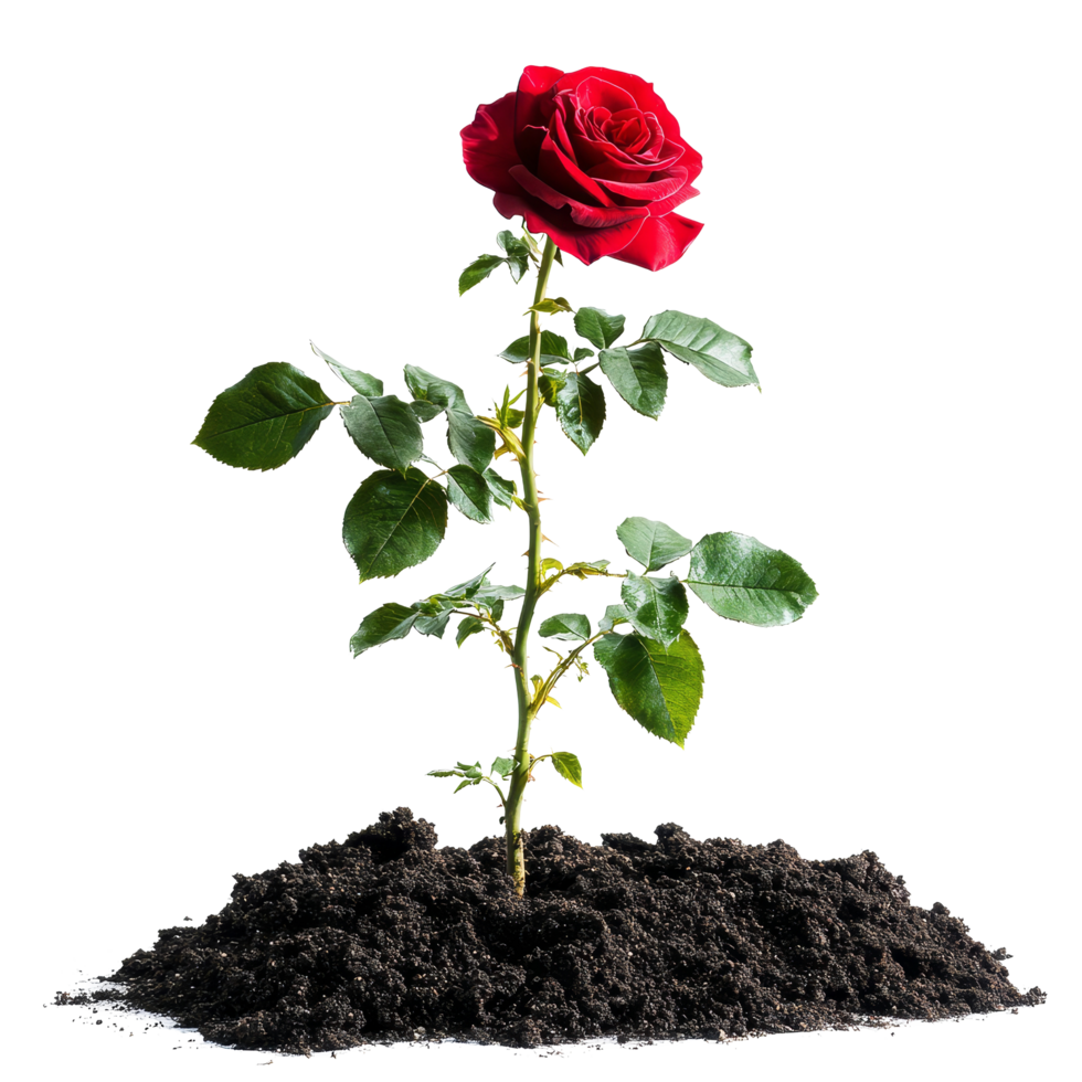 A vibrant red rose bush emerges from rich, dark soil in a lush garden setting, a red rose bush grows in the ground, file of isolated object on transparent background png