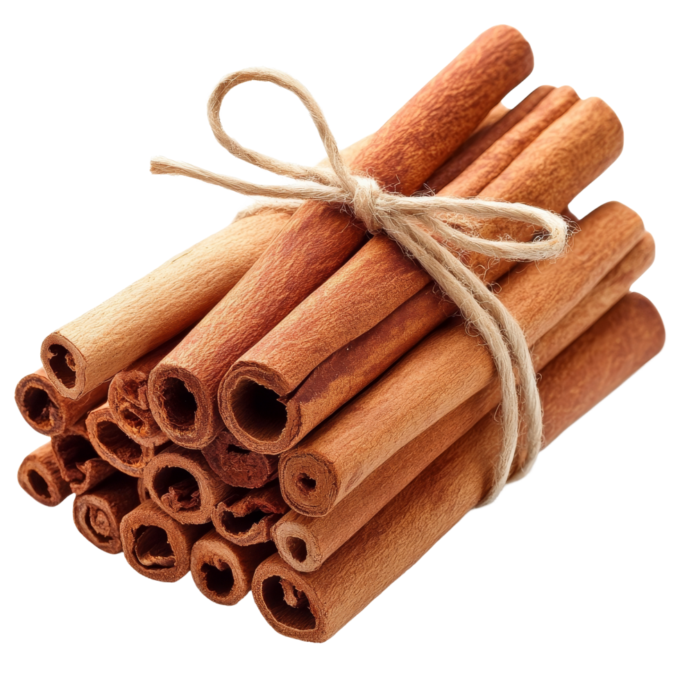 A bundle of aromatic cinnamon sticks tied with twine on a bright transparent background, ideal for culinary uses or decorative displays, Cinnamon on transparent background png