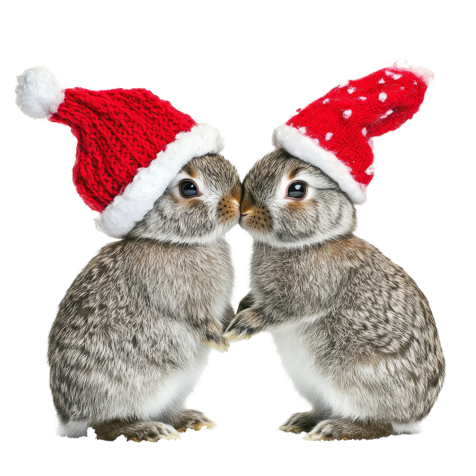 Adorable bunny couple wearing Christmas hats sharing a sweet moment on a transparent background, Adorable Bunny Couple with Christmas Hat on transparent background png