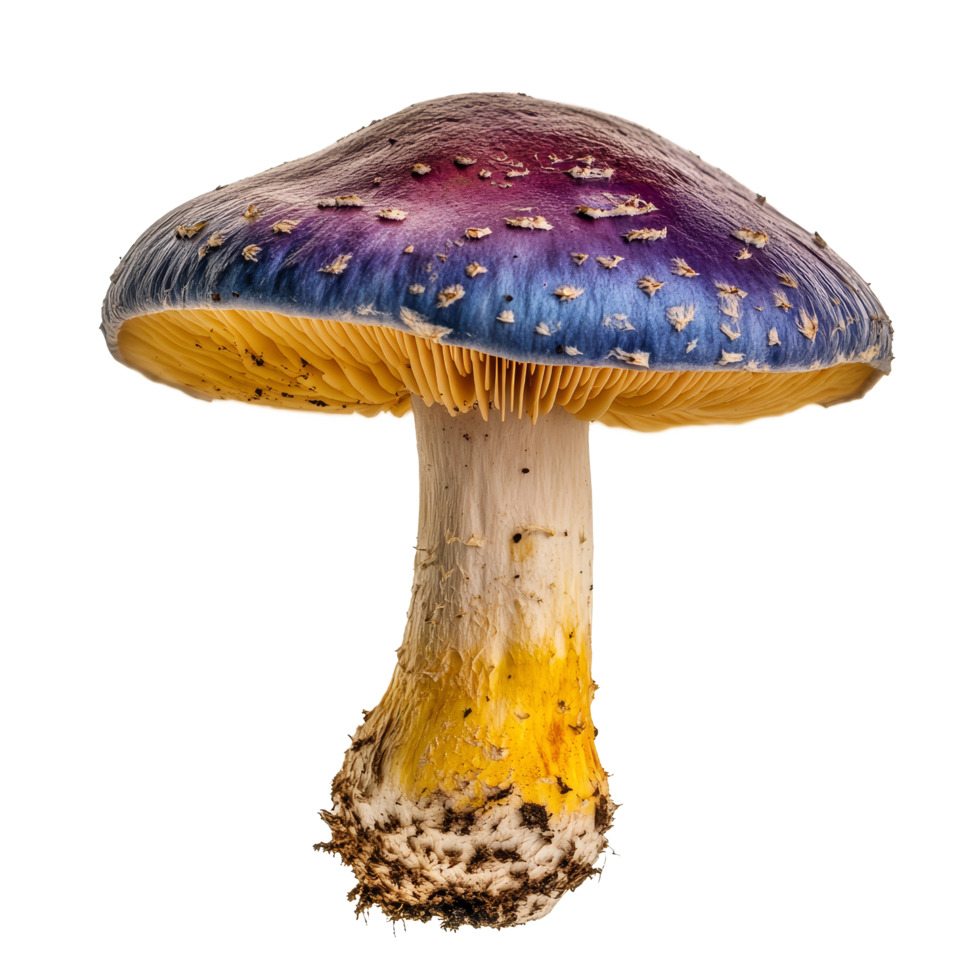 A vibrant purple and yellow mushroom stands against a transparent background, showcasing its unique colors and cap shape, ideal for nature enthusiasts, Colorful mushroom on a transparent background png