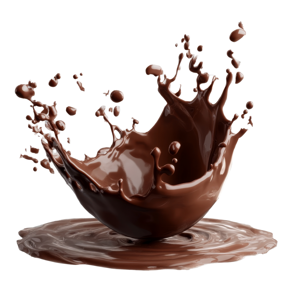 Chocolate splash creating dynamic ripples on a transparent surface showcasing rich textures and vibrant brown hues, Isolated muffin with a cherry on top, transparent background png