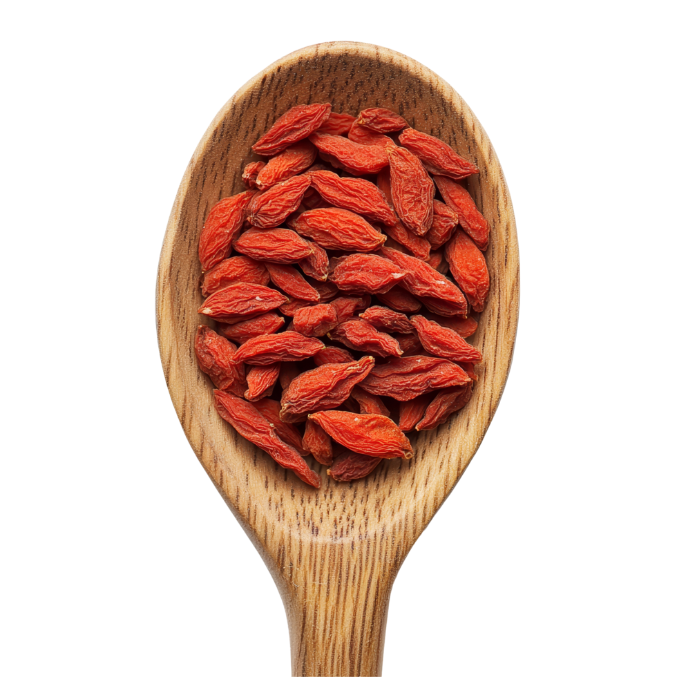 Dried goji berries in a wooden spoon on a transparent background highlighting their vibrant color and texture, dried goji berries in wood spoon on transparent background png