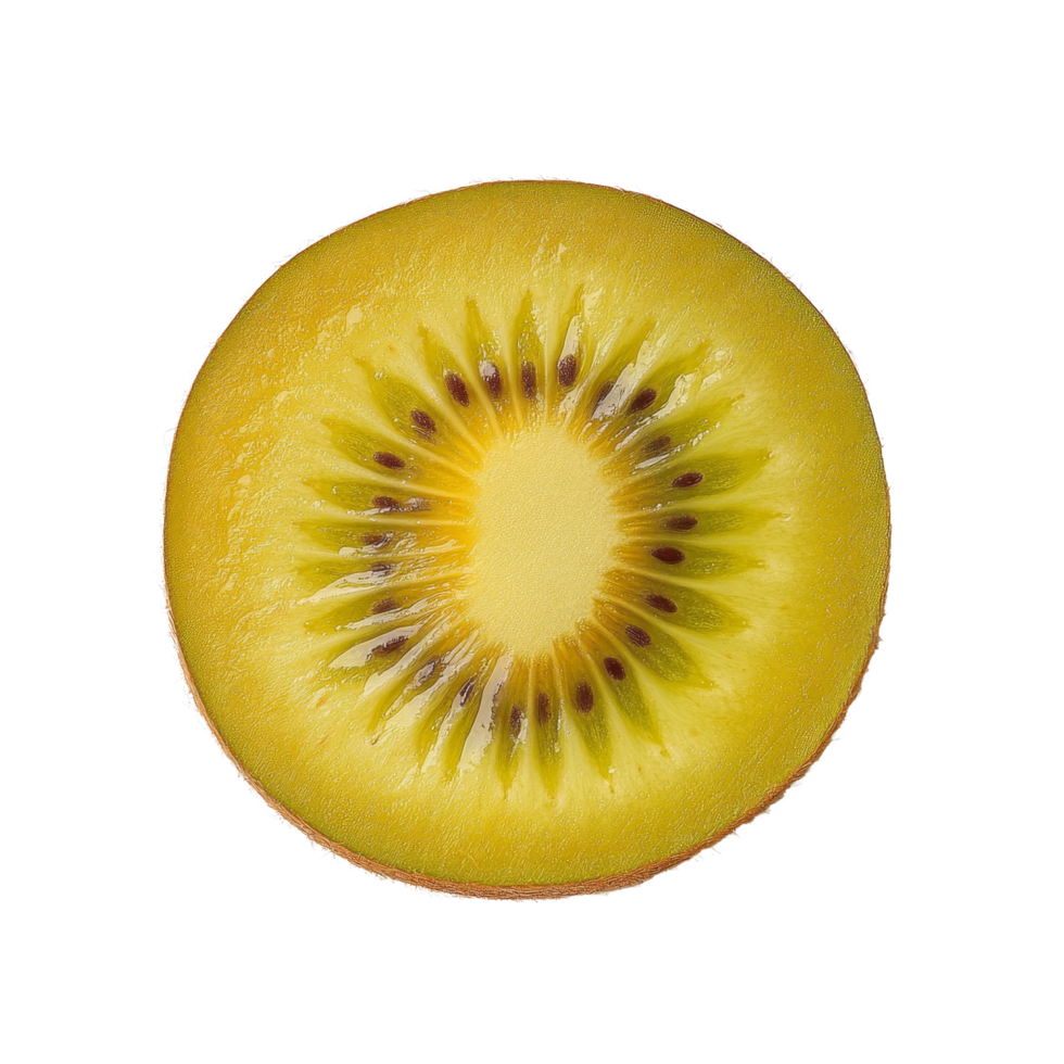 Freshly cut half of a gold kiwi fruit on a clean transparent background, showcasing its vibrant interior and texture, half gold kiwi fruit on transparent background png