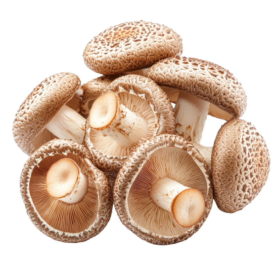Fresh shiitake mushrooms arranged attractively on a clean transparent background for culinary use and presentation, Shiitake mushrooms isolated on transparent background png