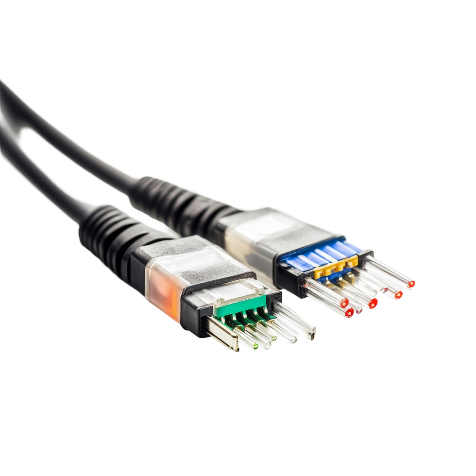 Fiber optic connectors displayed on a clean transparent background showcasing precise electronic components and design, Fiber optic connectors on transparent background png