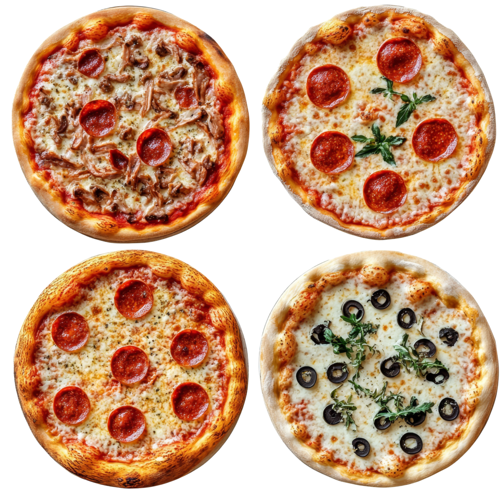 A delicious assortment of four distinct pizzas featuring various toppings, showcasing culinary diversity, four different pizzas isolated png