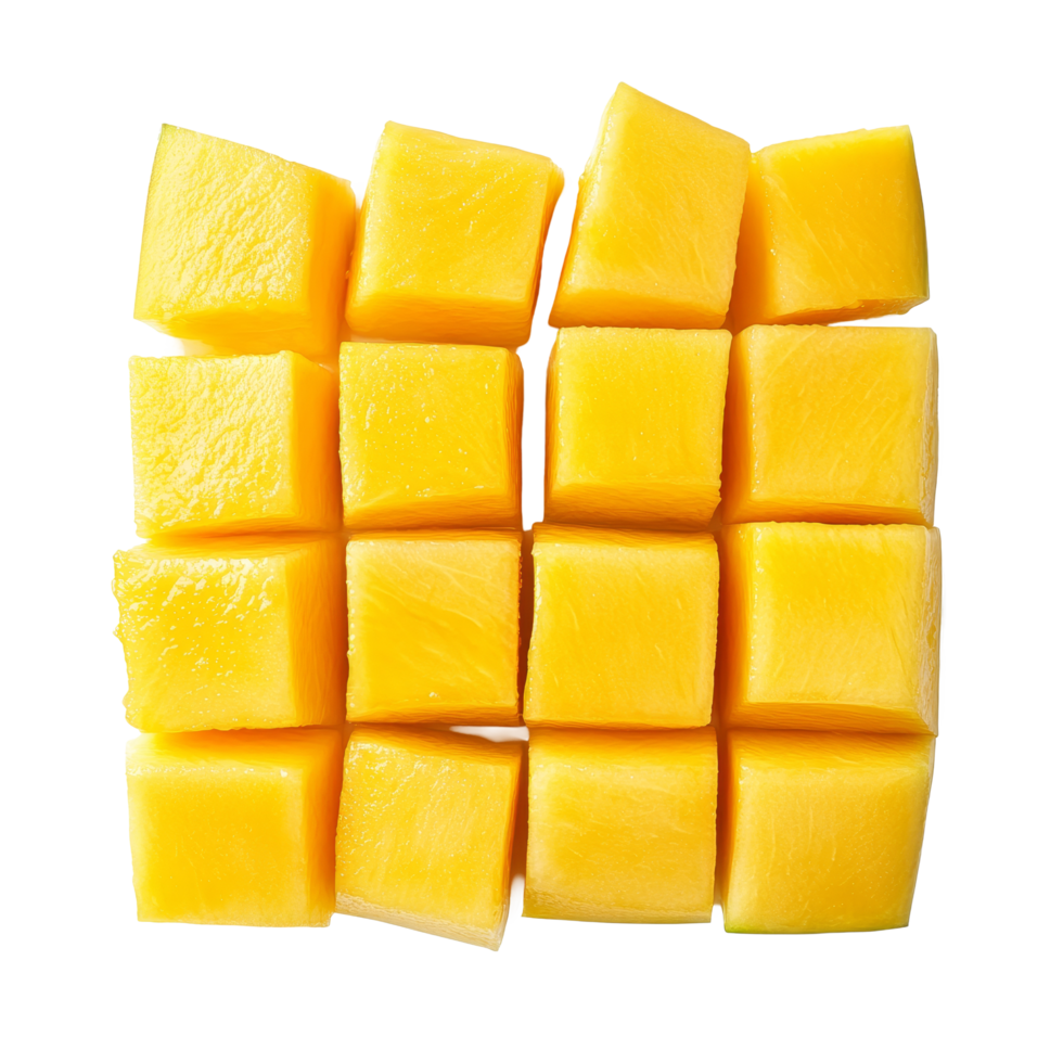 Fresh mango slices diced into cubes, showcasing vibrant color and ripe texture against a clean transparent background, Mango slice cut to cubes closeup isolated on transparent background png