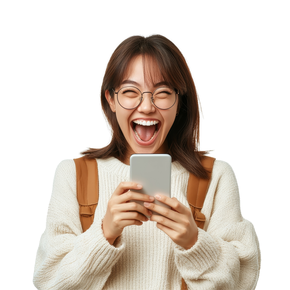 Excited Asian woman joyfully using her smartphone in a bright indoor setting during daytime, Excited Asian woman using mobile smartphone isolated transparent background png