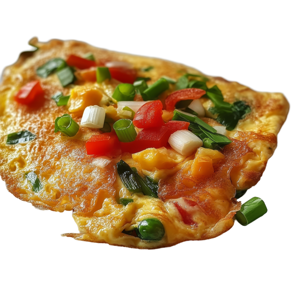 Delicious fried omelette filled with fresh vegetables and spring onions, served on a transparent plate for breakfast, Fried omelette with vegetables and spring onions png
