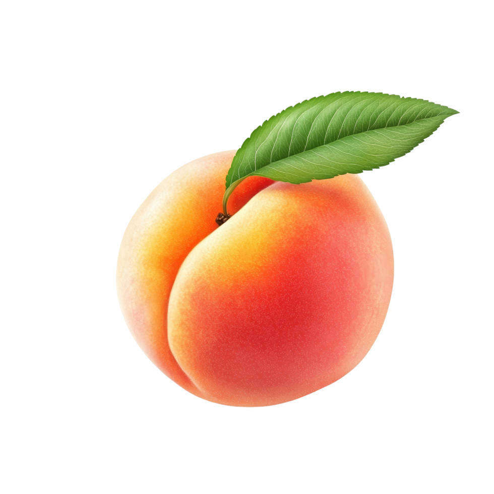 Fresh peach fruit with bright leaf isolated on a clean transparent background showcasing its natural beauty, peach fruit with leaf isolated on transparent background png