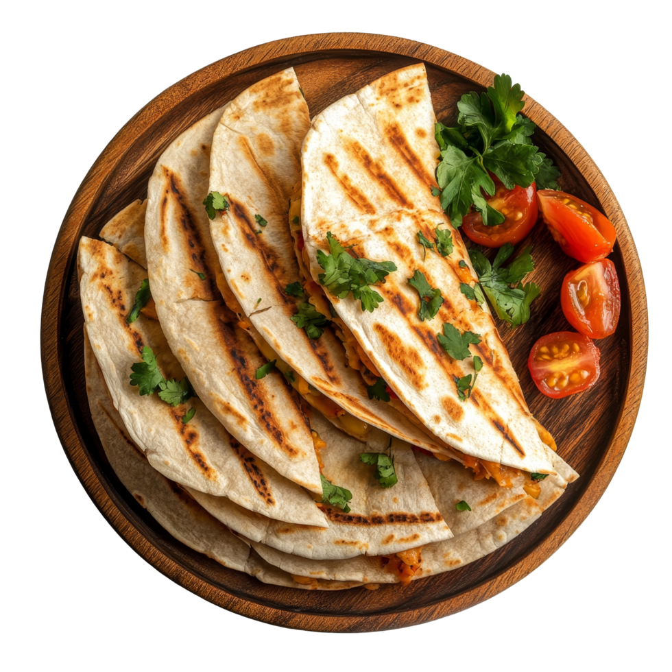 Deliciously grilled quesadilla slices served on a wooden plate with fresh tomatoes and cilantro, quesadilla on wooden plate, top view, isolated transparent background png