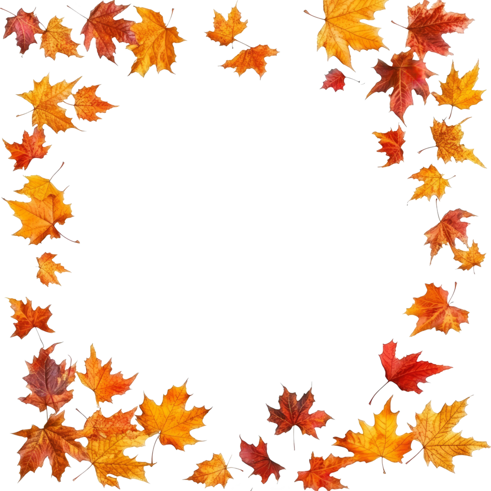 Colorful autumn leaves frame a blank space perfect for seasonal greetings and messages, Autumn card with a border or frame of colored falling leaves isolated transparent background png