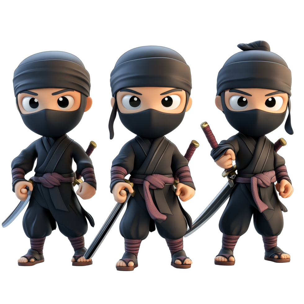 Cartoon ninja characters in action poses on a bright background showcasing their skills and gear, 3D Cartoon Ninja Characters on transparent background png