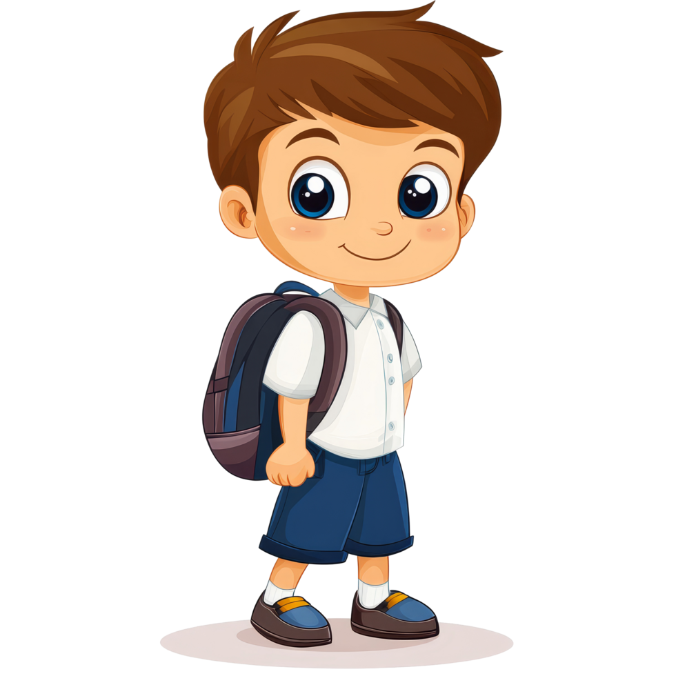 A cheerful little school boy with a backpack dressed in a transparent shirt and blue shorts ready for a day at school, little school boy illustrationisolated on transparent background png