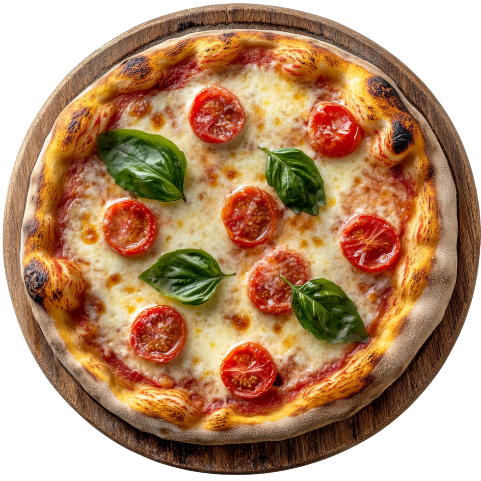 Delicious margherita pizza topped with fresh tomatoes and mozzarella cheese on a wooden board, Isolated margherita pizza with tomato and cheese png