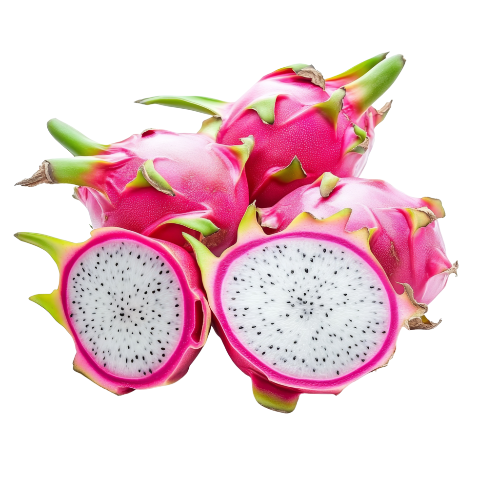 Fresh organic dragon fruit with vibrant pink skin and transparent flesh on a transparent background, Fresh organic dragon fruit on transparent background. Dragon fruit transparent background png