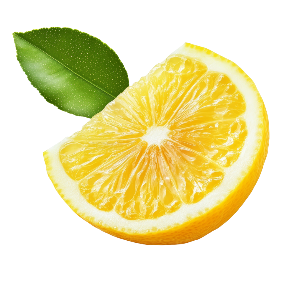 Fresh slice of lemon with green leaf isolated on a clean transparent background for culinary and health uses, Slice of lemon fruit with leaf isolated on transparent background png