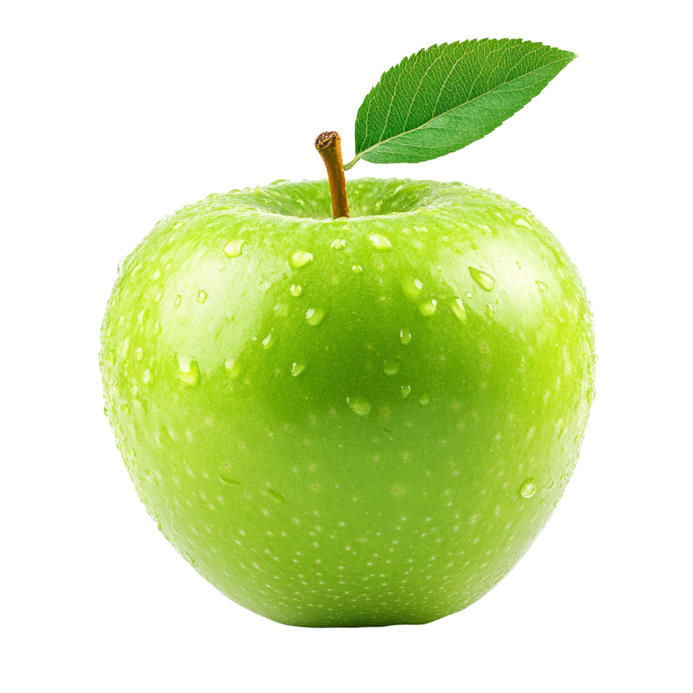 Fresh green apple with droplets and a leaf isolated on a transparent background for culinary and health themes, grern apple isolated on transparent background png