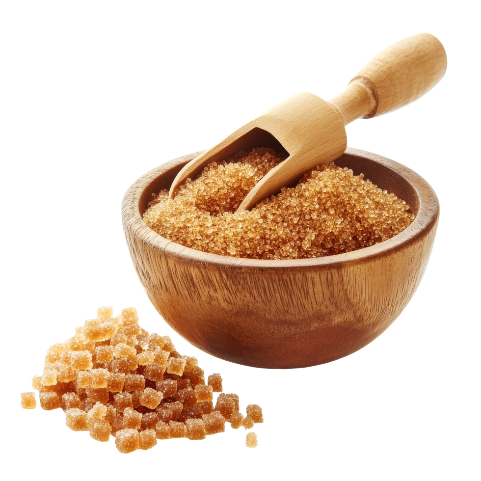 Brown sugar in a wooden bowl with a scoop on a transparent surface, highlighting its natural texture and sweetness, Brown sugar in wood bowl and scoop isolated on transparent background png