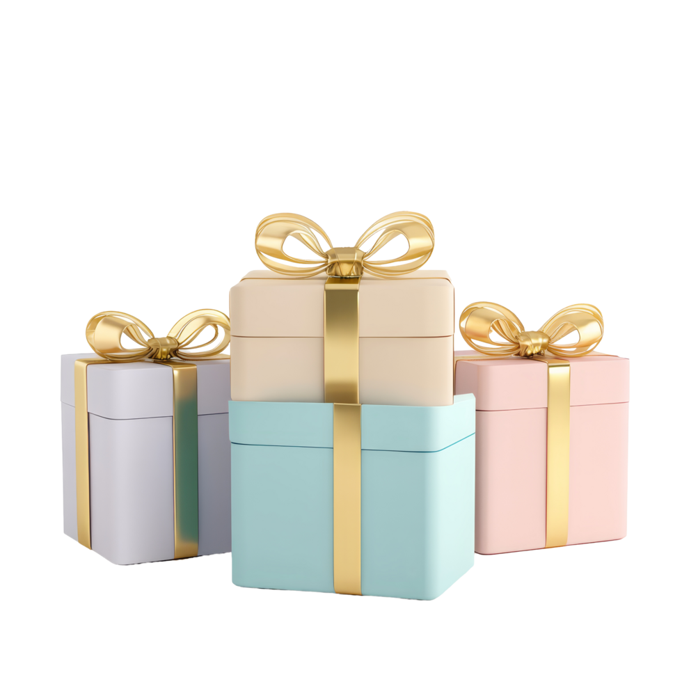 Elegant pastel gift boxes tied with golden ribbons stacked together for special occasions, 3 Gift boxes with golden ribbon 3d render pastel color isolated on transparent background png