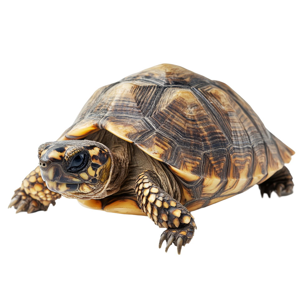 A closeup view of a tortoise on a bright transparent background showcasing its intricate shell patterns and textures, Turtle isolated transparent background png