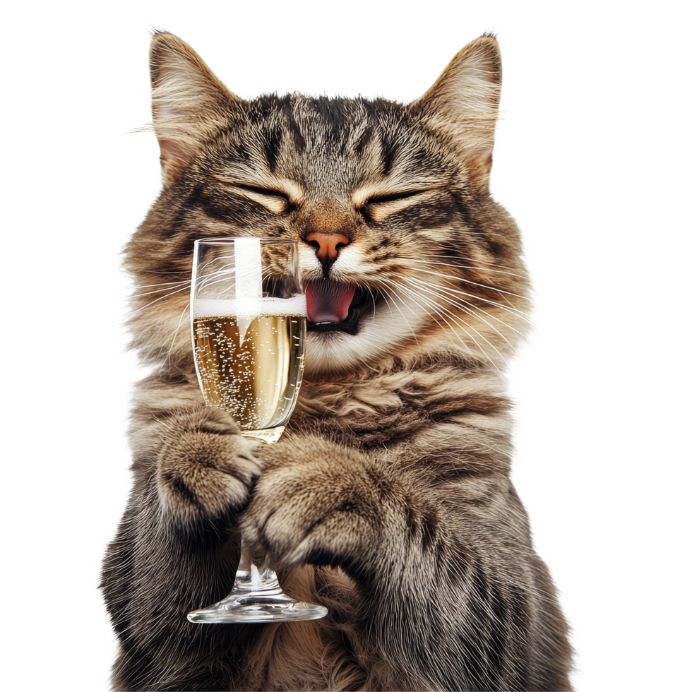 Funny cat enjoying a champagne glass with a playful expression on a transparent background, Funny Cat with Champagne Glass On transparent background Celebration Concept png