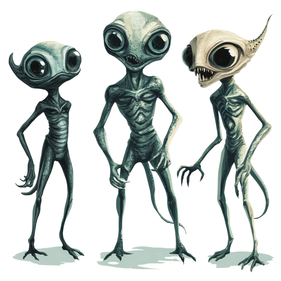 Unique alien extraterrestrial creatures posing on a transparent transparent surface in a creative representation, Alien Extraterrestrial Creatures Isolated on transparent background png