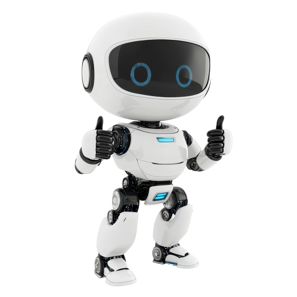 A cheerful AI robot with a friendly demeanor stands confidently, giving a thumbs up, Friendly AI Robot with Thumbs Up on transparent background png