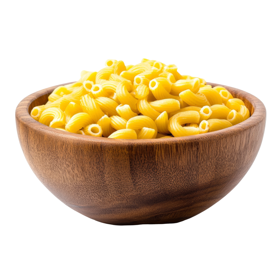 Macaroni pasta in a wooden bowl set against a clean transparent background perfect for culinary presentation, Macaroni pasta in wood bowl isolated on transparent background png