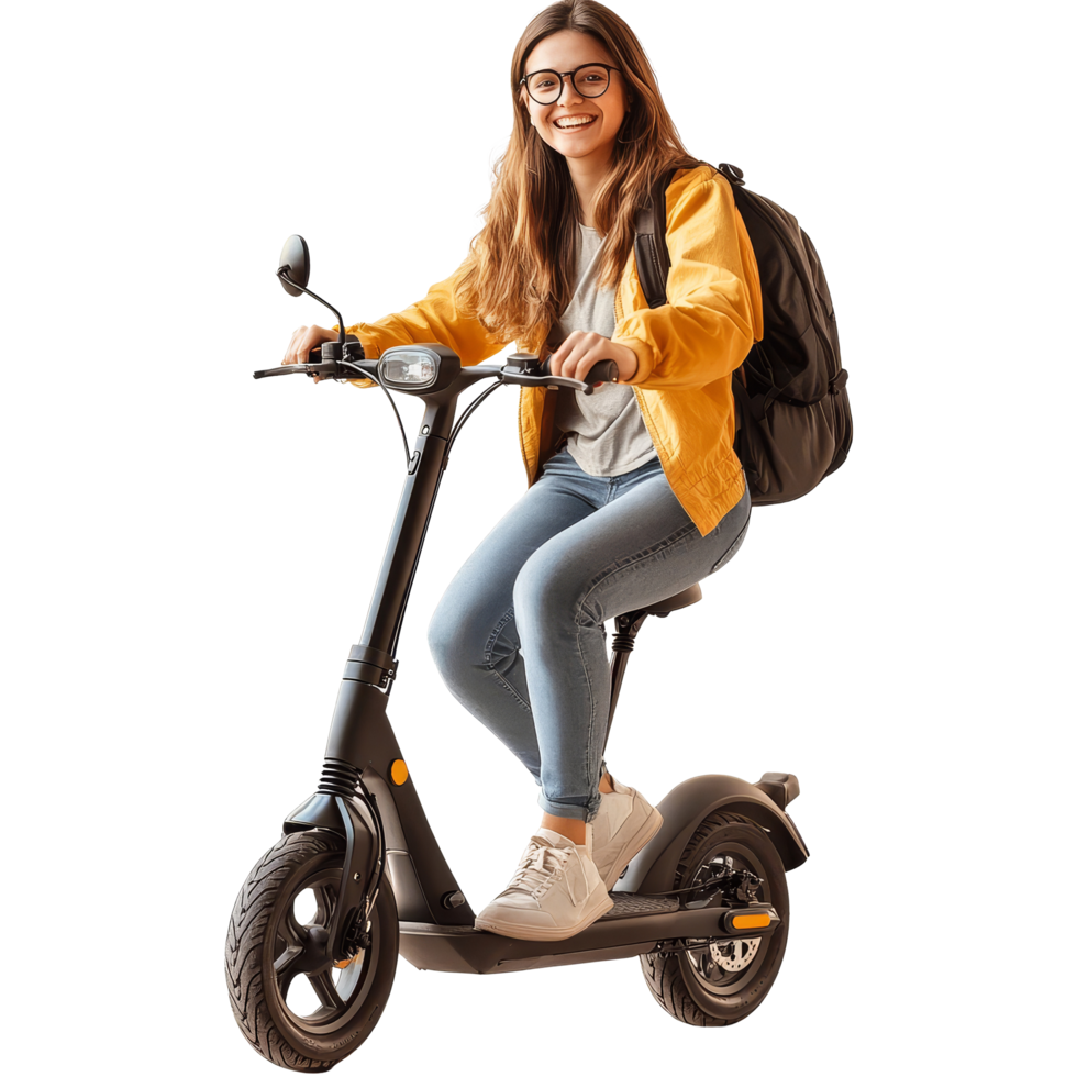 Happy student riding an electric scooter with a backpack in a bright and cheerful environment, file no background Happy student riding an ecofriendly scooter png