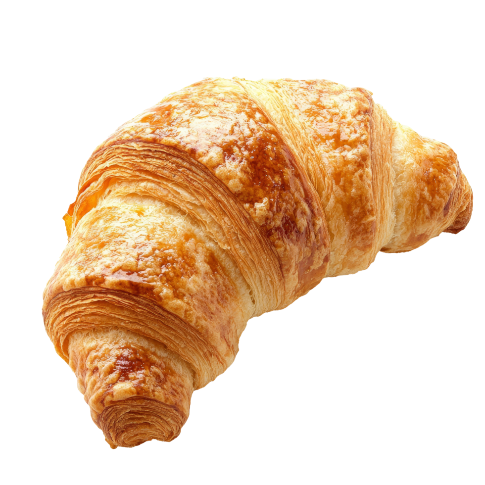 Freshly baked croissant on a transparent background, showcasing its flaky layers and golden brown color, Fresh and tasty croissant on transparent background png