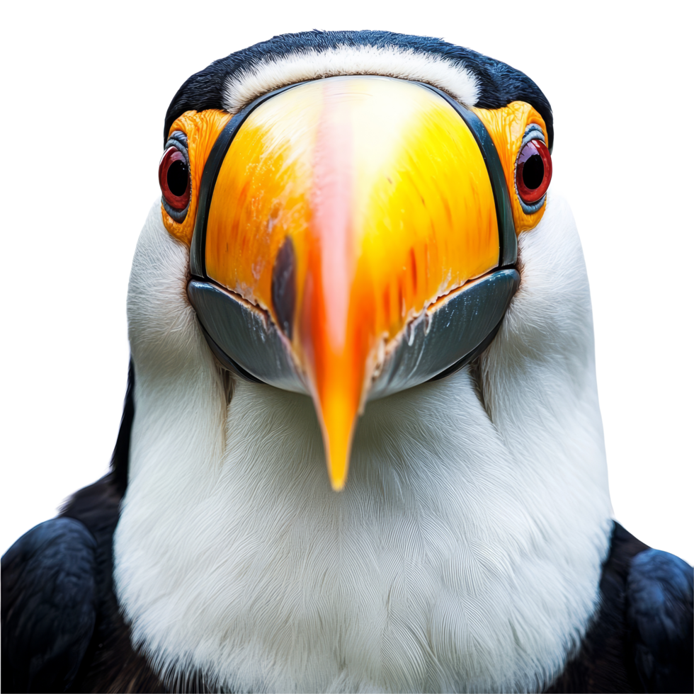Captivating portrait of a toucan displaying its vibrant colors against a plain transparent background, Toucan face on transparent background png