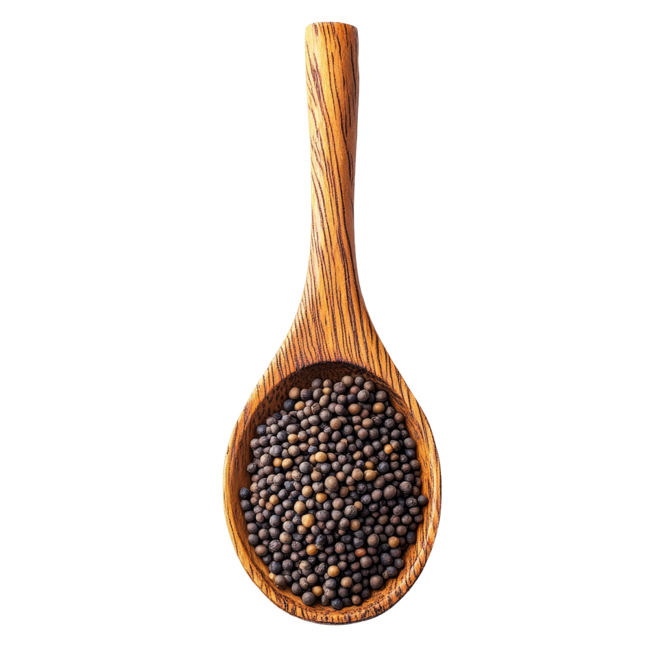 Mustard seeds in a wooden spoon on a transparent background for culinary uses and healthy recipes, mustard seeds in wood spoon isolated on transparent background png