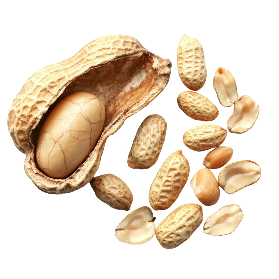 Opened shell peanut with unpeeled peanuts displayed on a transparent background for a simple food setup, Opened shell peanut and unpeeled peanuts over transparent background png