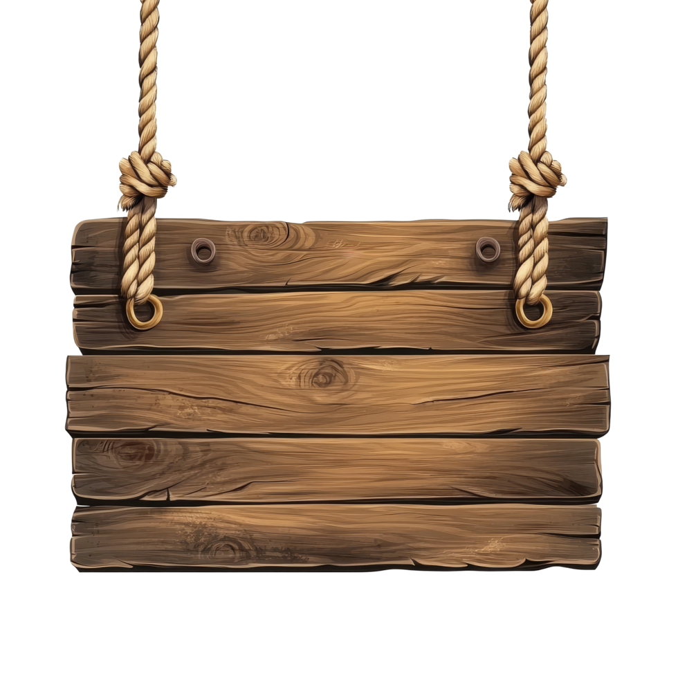 Rustic wooden signboard with hanging ropes perfect for outdoor decoration or signage in natural settings, Rustic Wooden Signboard with Hanging Ropes isolated on transparent background png