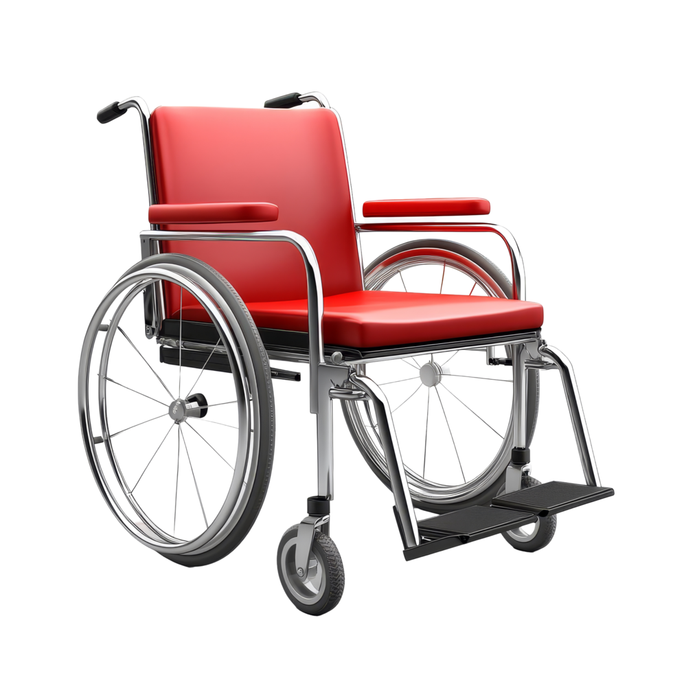 A bright red wheelchair stands isolated on a clean transparent background, emphasizing its design and function, Wheelchair isolated on transparent background png
