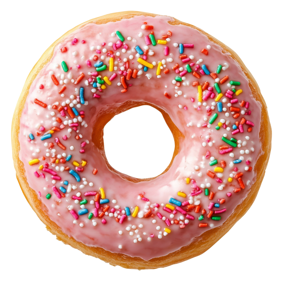 Delicious pink frosted donut with colorful sprinkles on a clean transparent background, Donut isolated on transparent background png