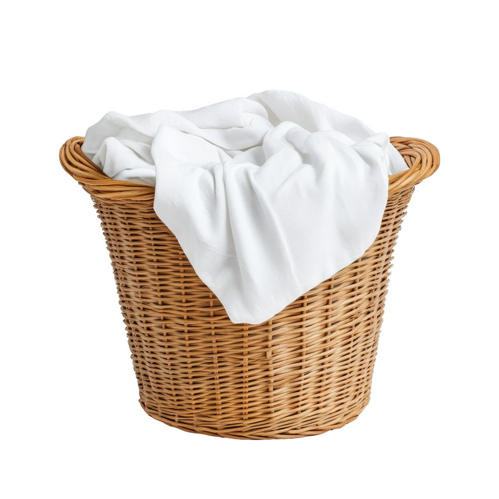 Wicker laundry basket filled with fresh transparent cloth on a minimalist transparent background, Wicker Laundry Basket with transparent Cloth on transparent background png