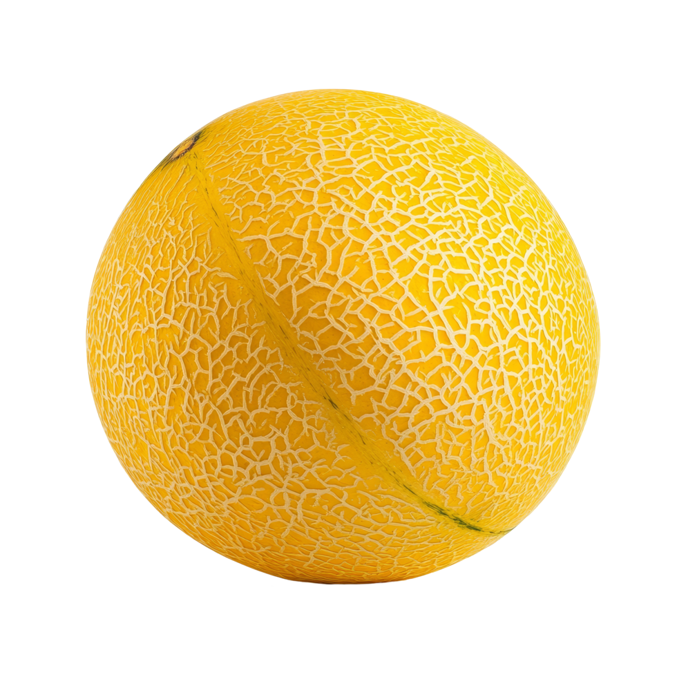 A bright yellow cantaloupe melon isolated against a clean transparent background showcasing its textured rind, yellow cantaloupe melon isolated on transparent background png