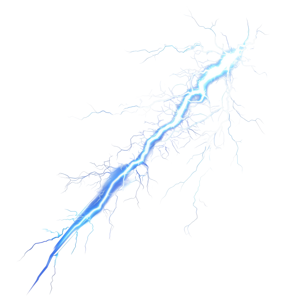 Realistic depiction of a high voltage electric shock with dramatic blue lightning striking downwards, HighVoltage Electric Shock Realistic Lightning Bolt Effects on transparent background png