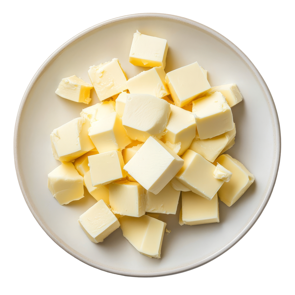 Fresh butter cubes arranged neatly on a simple plate against a clean transparent background, butter in a plate isolated on transparent background png