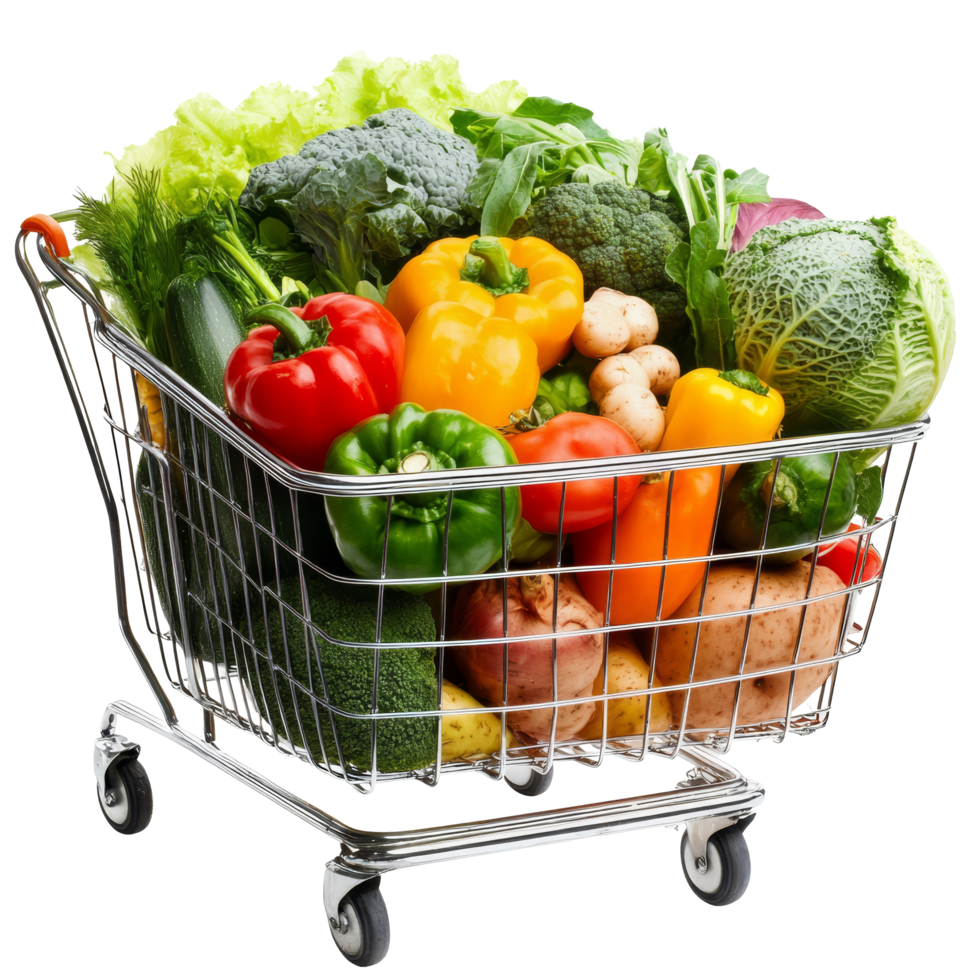 Fresh vegetables overflowing in a shopping cart ready for healthy meal preparation, Shopping cart full of fresh vegetables png