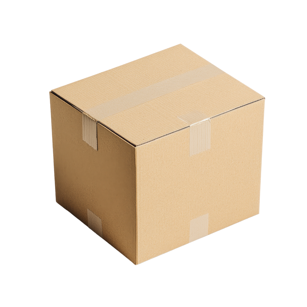 Cardboard box mockup isolated on transparent background for packaging and shipping design projects, cardboard box warehouse mockup, file of isolated object with shadow on transparent background png