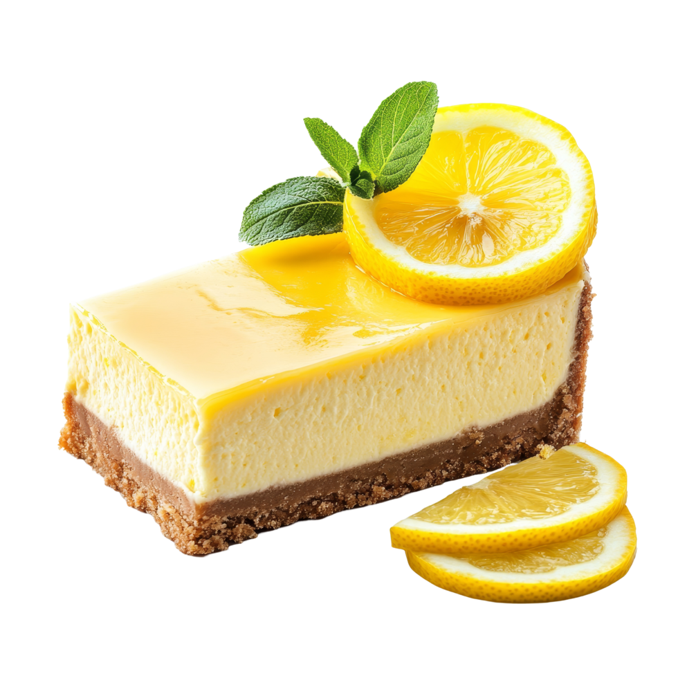 Deliciously baked lemon cheesecake on a transparent background with fresh lemon slices and mint, baked lemon cheesecake isolated on transparent background png
