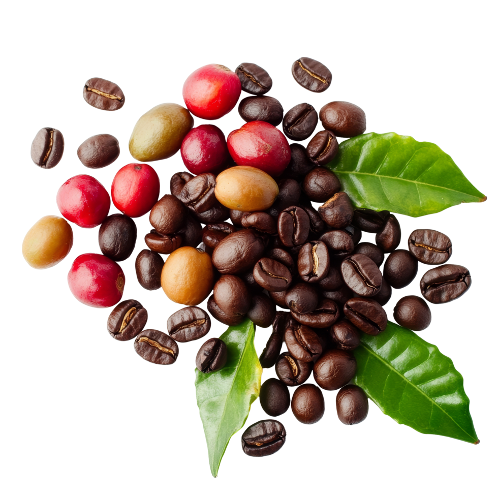 Combination of ripe and unripe coffee berries with roasted beans on a clean transparent background highlighting the coffee harvesting process, coffee beans ripe and unripe berries on transparent png