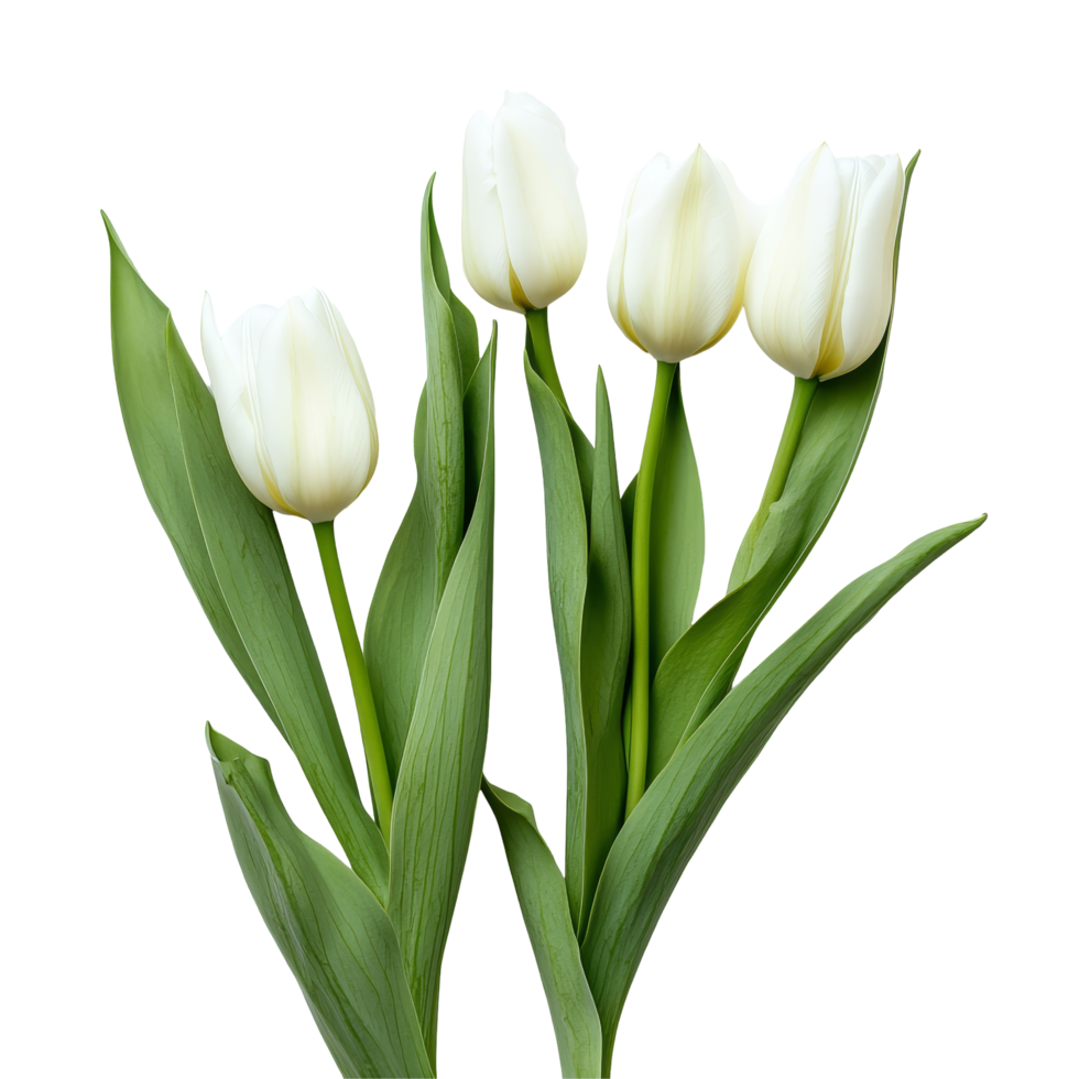 Freshly picked transparent tulip flowers with vibrant green leaves on a bright transparent background, tulip flower leaves isolated transparent background png