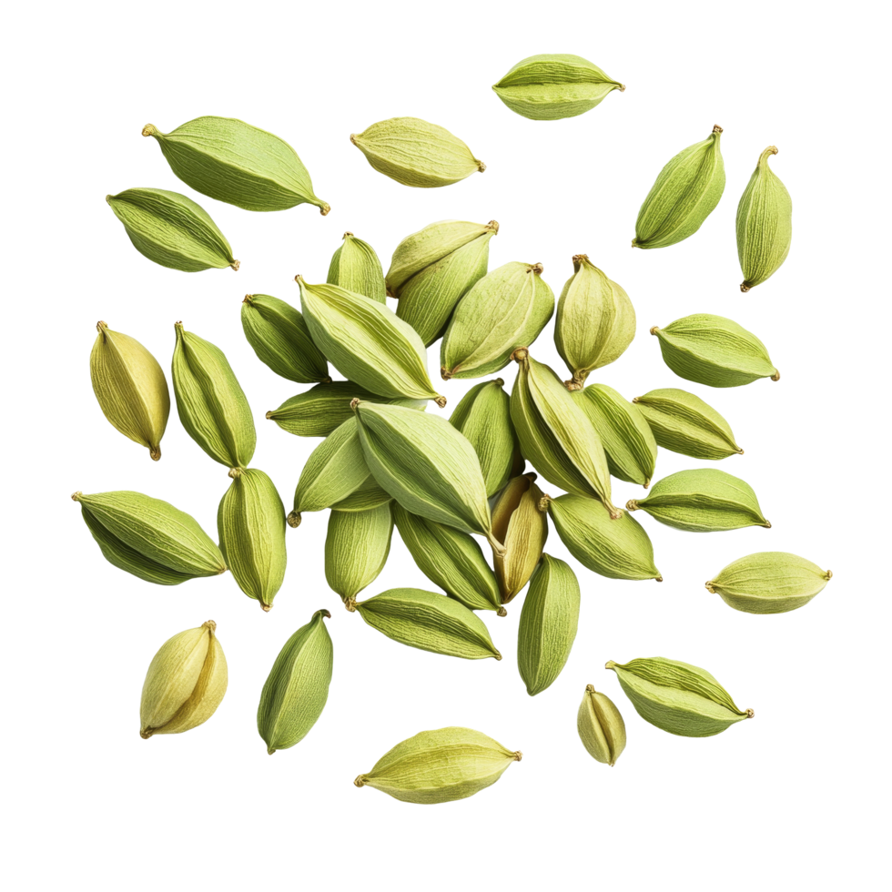 Fresh green cardamom pods scattered on a transparent background showcasing their unique shape and texture, cardamom isolated transparent background png