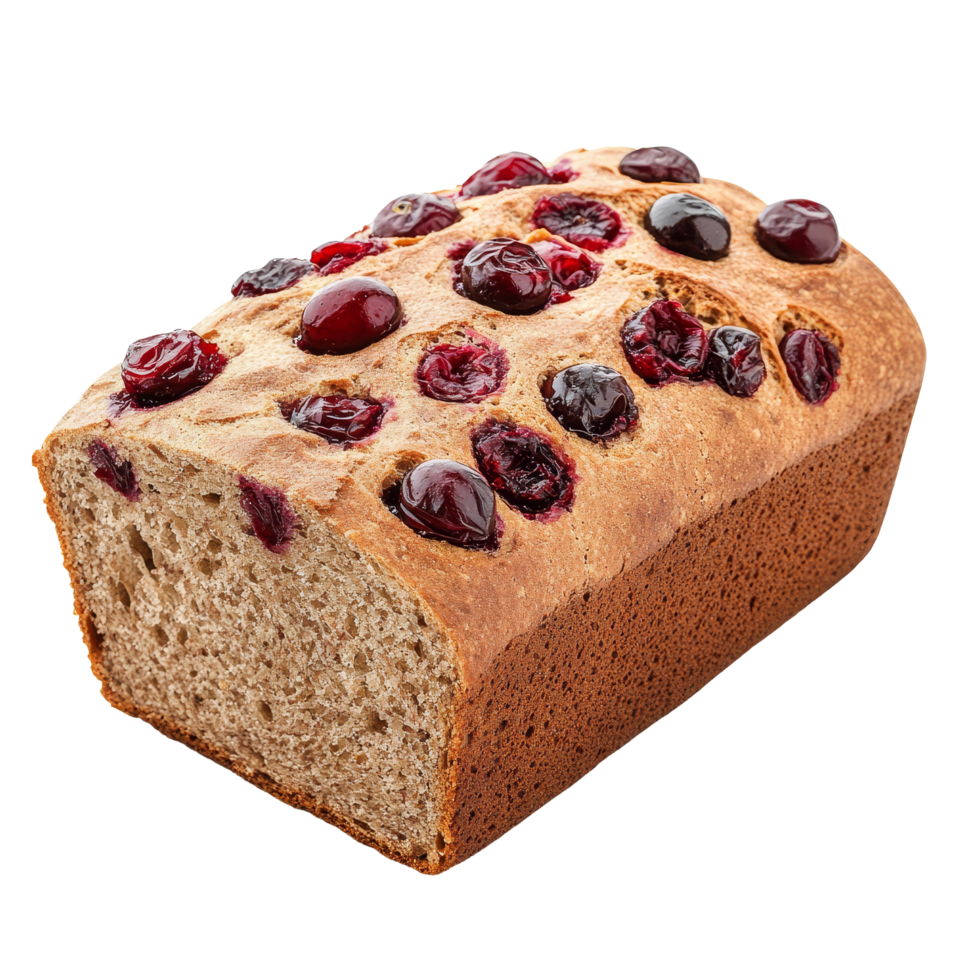Wholemeal cranberry bread on a transparent background showcasing its delicious texture and vibrant cranberries, Wholemeal cranberry bread isolated on transparent png