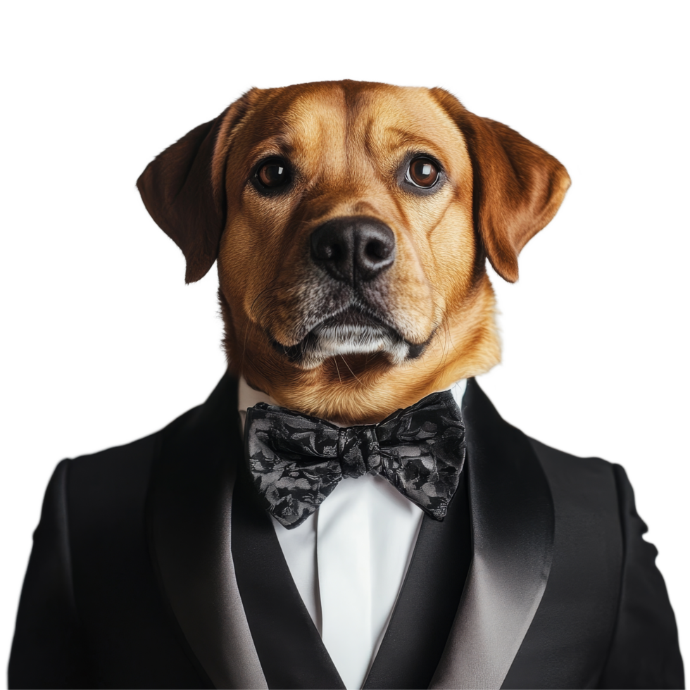 Adorable dog dressed in an elegant tuxedo suit posing against a simple transparent background, Funny Dogs in Formal Attire, elegant suit on transparent background png
