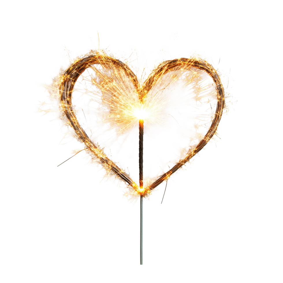 A sparkling heartshaped sparkler glowing against a plain transparent background during a festive celebration, Heartshaped Sparkler on transparent background, file png